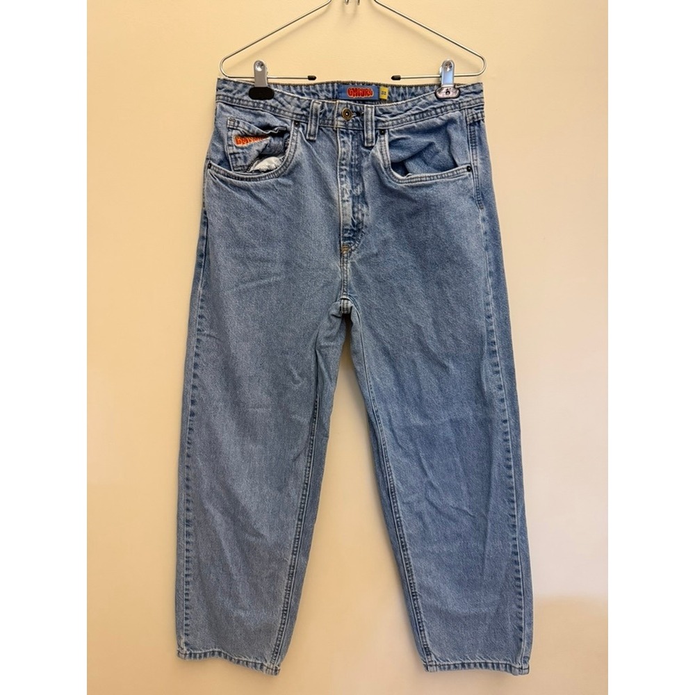 Empyre Mens Loose Fit Skate Jeans Light Wash Blue Baggy Graffiti Logo Size 32